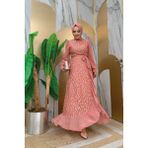 Bym Fashion Dantel Görünümlü Şifon Fırfır Detay Elbise 3783 Pudra - 46
