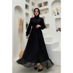 Bym Fashion Dantel Görünümlü Şifon Fırfır Detay Elbise 3783 Siyah - 38