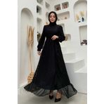 Bym Fashion Dantel Görünümlü Şifon Fırfır Detay Elbise 3783 Siyah