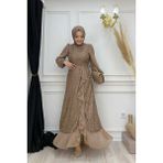 Bym Fashion Dantel Görünümlü Şifon Fırfır Detay Elbise 3783 Vizon - 38