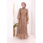Bym Fashion Dantel Görünümlü Şifon Fırfır Detay Elbise 3783 Vizon