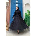 Bym Fashion Dantel Kat Kat Detaylı Kol Manşetleri Lastikli Kuşaklı Astarlı Elbise 3614 Siyah - 40