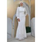 Bym Fashion Desenli Balonkol Görünümlü Simli Abiye Elbise 1144 Ekru - 42