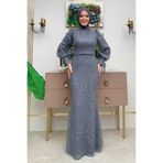 Bym Fashion Desenli Balonkol Görünümlü Simli Abiye Elbise 1144 Gri