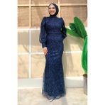 Bym Fashion Desenli Balonkol Görünümlü Simli Abiye Elbise 1144 Lacivert - 36