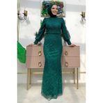 Bym Fashion Desenli Balonkol Görünümlü Simli Abiye Elbise 1144 Zümrüt - 36