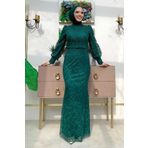 Bym Fashion Desenli Balonkol Görünümlü Simli Abiye Elbise 1144 Zümrüt