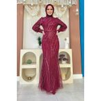 Bym Fashion Desenli Bel Kemerli Balık Abiye Elbise 1139 Bordo - 36