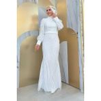 Bym Fashion Desenli Bel Kemerli Balık Abiye Elbise 1139 Ekru - 40