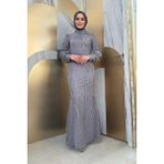 Bym Fashion Desenli Bel Kemerli Balık Abiye Elbise 1139 Gri - 36