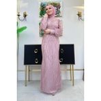 Bym Fashion Desenli Bel Kemerli Balık Abiye Elbise 1139 Gül Kurusu - 36