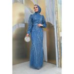 Bym Fashion Desenli Bel Kemerli Balık Abiye Elbise 1139 İndigo - 38
