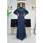 Bym Fashion Desenli Bel Kemerli Balık Abiye Elbise 1139 Lacivert - 36
