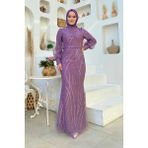 Bym Fashion Desenli Bel Kemerli Balık Abiye Elbise 1139 Lila - 38