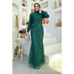 Bym Fashion Desenli Bel Kemerli Balık Abiye Elbise 1139 Zümrüt - 36