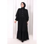 Bym Fashion Düğmeli Pelerinli Elbise 6080 Siyah - 2