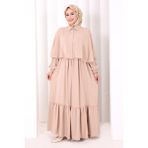Bym Fashion Düğmeli Pelerinli Elbise 6080 Vizon - 2
