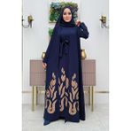 Bym Fashion Etek Kısmı Desenli Elbiseli Abaya Takım 8495 Lacivert - 42