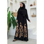 Bym Fashion Etek Kısmı Desenli Elbiseli Abaya Takım 8495 Siyah - 38