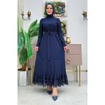 Bym Fashion Etek Ucu Piliseli Dantel Görünümlü Kuşaklı Elbise Lacivert 3890