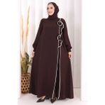 Bym Fashion Gül ve Şerit Detaylı Elbise Şal Hediyeli 6065 Kahverengi - 3