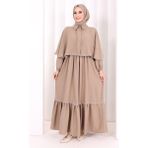 Bym Fashion Güpür Detay Pelerinli Elbise 6079 Vizon - 1