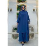 Bym Fashion Kat Kat Görünüm Kol Manşetleri Lastikli Şifon Elbise 3060 İndigo - 40