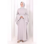 Bym Fashion Kol Fırfır Şerit Detaylı Şallı Elbise 6084 Gri - 1