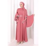 Bym Fashion Kol Fırfır Şerit Detaylı Şallı Elbise 6084 Gül Kurusu - 1