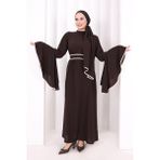 Bym Fashion Kol Fırfır Şerit Detaylı Şallı Elbise 6084 Kahverengi - 1