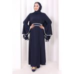 Bym Fashion Kol Fırfır Şerit Detaylı Şallı Elbise 6084 Lacivert - 1