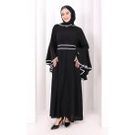 Bym Fashion Kol Fırfır Şerit Detaylı Şallı Elbise 6084 Siyah - 3