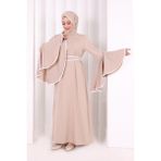 Bym Fashion Kol Fırfır Şerit Detaylı Şallı Elbise 6084 Vizon - 1