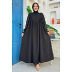Bym Fashion Kol Manşetleri Büzgülü Elbise 6004 Siyah - 46