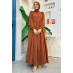 Bym Fashion Kol Manşetleri Büzgülü Elbise 6004 Taba - 48