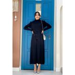 Bym Fashion Kolları Metal Zımba Detay Omuz Kısımları Fırfırlı Yarım Boğaz Kendinden Şerit Görünümlü Triko Elbise 22204 Siyah - Standart