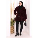 Bym Fashion Leopar Düğmeli Kaban 70059-1 Bordo - Standart