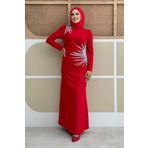 Bym Fashion Omuz ve Bel Kısmı Taş Detaylı Abiye Elbise Kırmızı 3909