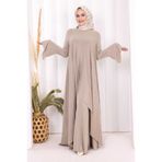 Bym Fashion Pilise Detaylı Uzun Tunik ve Pantolon İkili Takım Vizon 8575