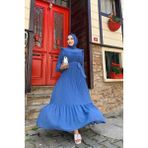 Bym Fashion Piliseli Fırfır Görünümlü Bel Kuşaklı Şifon Elbise 3628 İndigo - 38