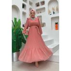 Bym Fashion Piliseli Fırfır Görünümlü Bel Kuşaklı Şifon Elbise 3628 Pudra - 42