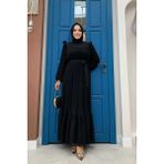 Bym Fashion Piliseli Fırfır Görünümlü Bel Kuşaklı Şifon Elbise 3628 Siyah - 38