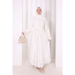Bym Fashion Şallı Fırfırlı Elbise 6086 Ekru - 3