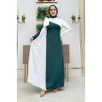 Bym Fashion Tek Omuz Fiyonk Apoletli Çift Renk Elbise 3862 Zümrüt-Ekru - Zümrüt - Ekru - 42