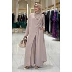 Bym Fashion Tek Omuz Gold Toka Detaylı Tunik Pantolon Takım 8698 Açık Vizon - 46