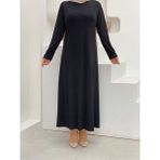 Bym Fashion Xxl Büyük Beden Düz Bisklet Yaka Uzun Kol Iç Sandy Elbise 3202-3 Siyah - 2XL