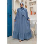 Bym Fashion Yakası Bağlama Detaylı Elbise ŞAL HEDİYE 3885 İndigo - Standart