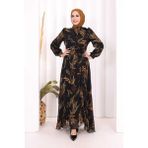 Bym Fashion Yaprak Desen Fırfır Detay Şifon Elbise 3842 Siyah - 40