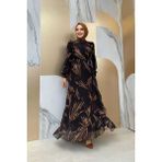 Bym Fashion Yaprak Desen Fırfır Detay Şifon Elbise 3842 Siyah
