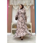 Bym Fashion Yaprak Desen Fırfır Detay Şifon Elbise 3842 Taş